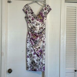 Maggy London Purple and White Midi Dress with Ruched Bodice and Flutter Sleeves